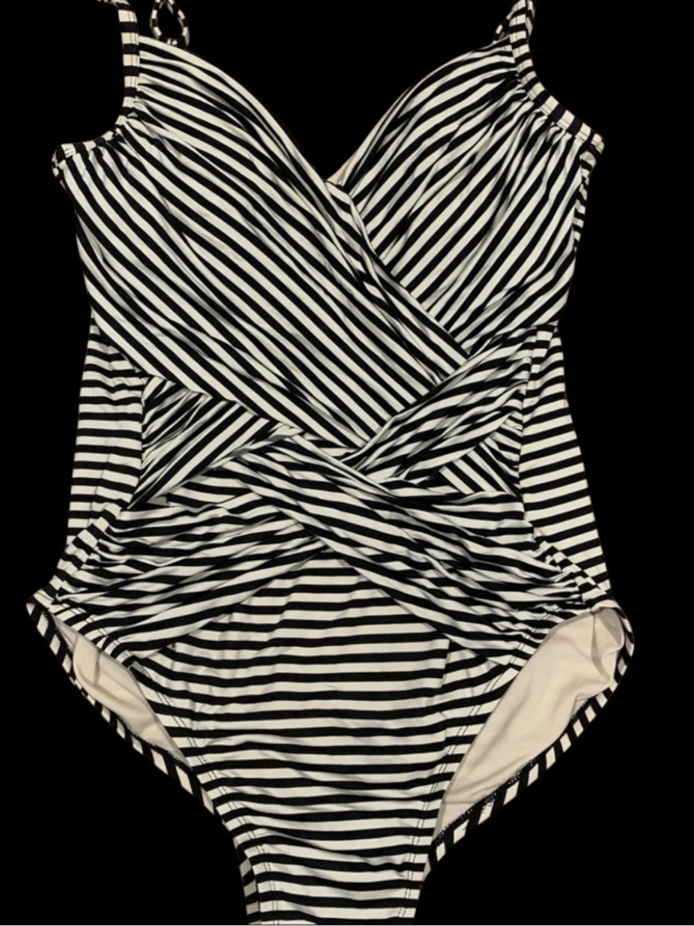 Merona ~ One Piece ~ Black & White Striped Swimsuit w/ Cross Over Fabric - Picture 5 of 5
